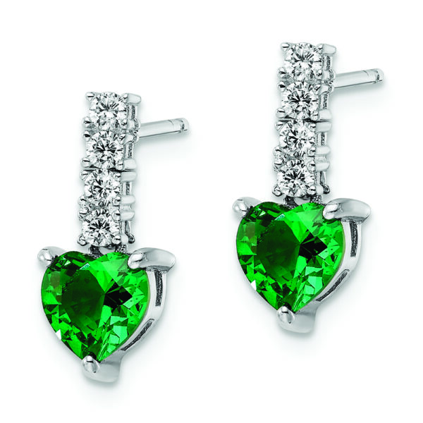 Sterling Silver Polished Rhodium Green/Clear CZ Heart Post Dangle Earrings - Image 2