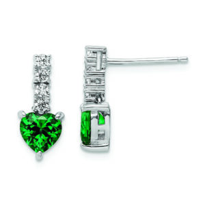 Sterling Silver Polished Rhodium Green/Clear CZ Heart Post Dangle Earrings