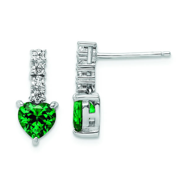 Sterling Silver Polished Rhodium Green/Clear CZ Heart Post Dangle Earrings