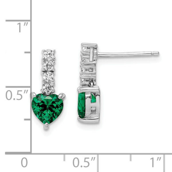 Sterling Silver Polished Rhodium Green/Clear CZ Heart Post Dangle Earrings - Image 3