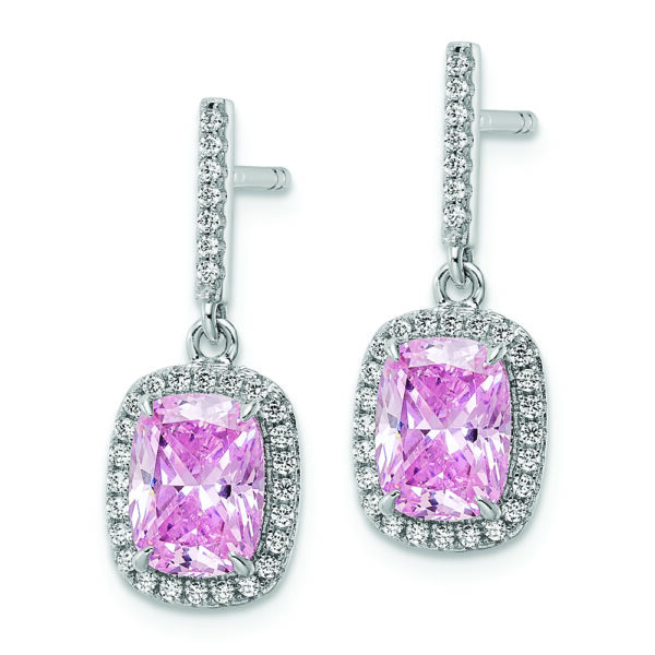 Sterling Silver Rhodium-plated Pink & White CZ Dangle Post Earrings - Image 2
