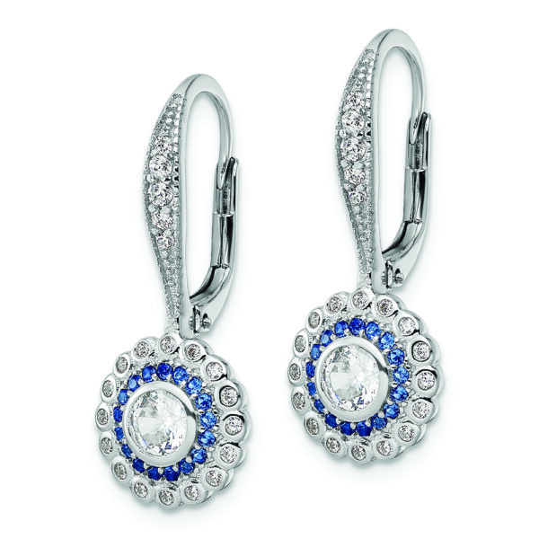 Sterling Silver Rhodium-plated Polished Blue & White CZ Leverback Earrings - Image 2