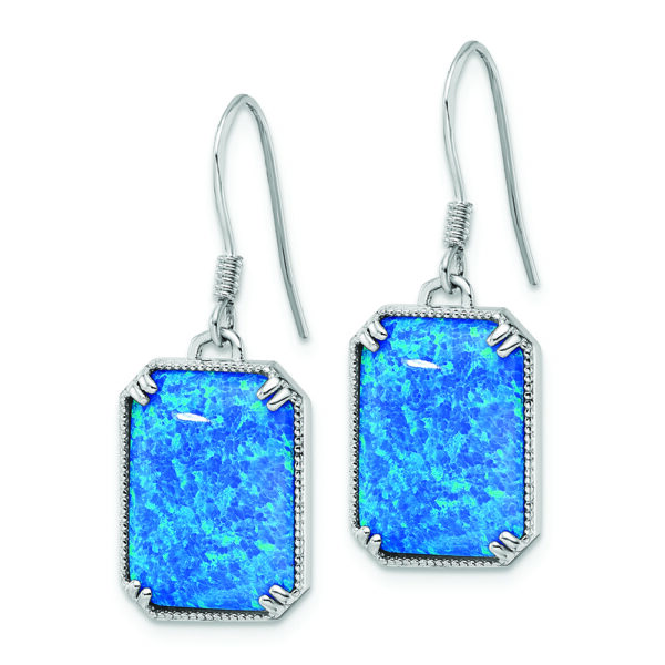 Sterling Silver RH-plated Blue Created Opal Beaded Border Earrings - Image 2