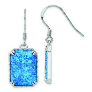 Sterling Silver RH-plated Blue Created Opal Beaded Border Earrings