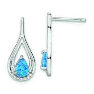Sterling Silver RH-plated Pear Shape Blue Created Opal CZ Post Earrings