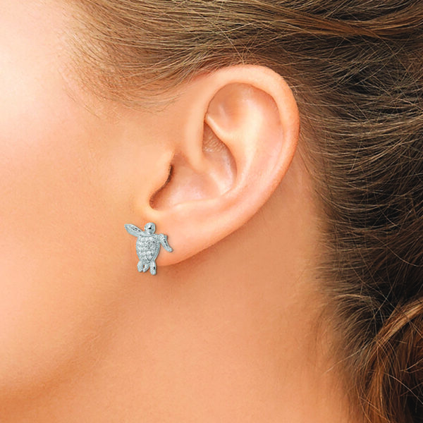 Sterling Silver Rhodium-plated CZ Sea Turtle Post Earrings - Image 3