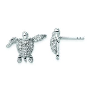 Sterling Silver Rhodium-plated CZ Sea Turtle Post Earrings