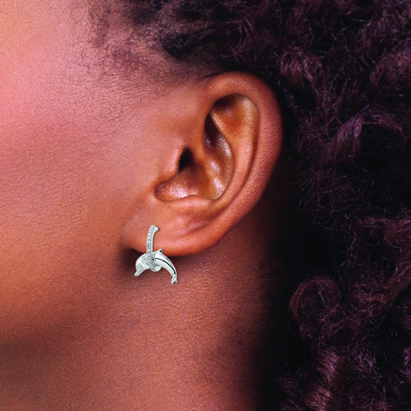 Sterling Silver Rhodium-plated CZ Dolphin Post Earrings - Image 3