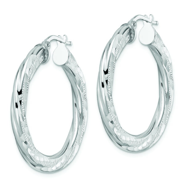 Sterling Silver Rhodium-plated 3x33mm D/C Twisted Tube Hoop Earrings - Image 2