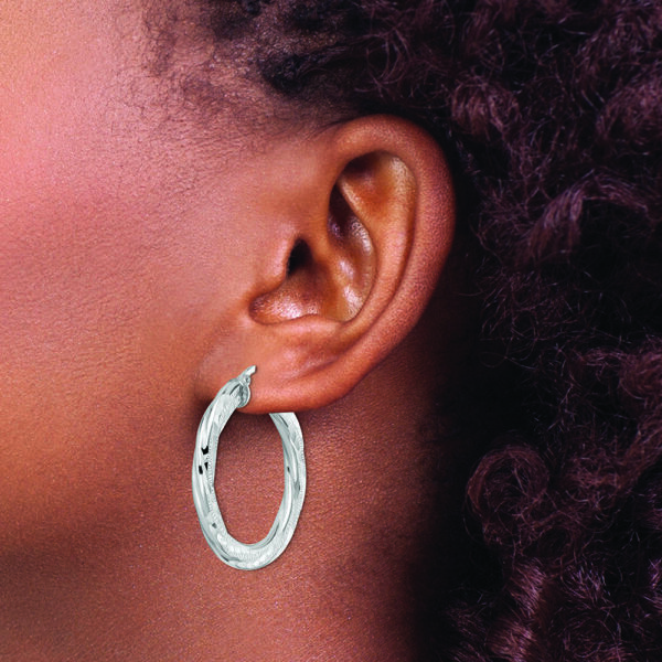 Sterling Silver Rhodium-plated 3x33mm D/C Twisted Tube Hoop Earrings - Image 3