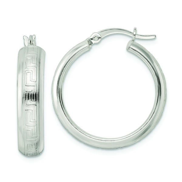 Sterling Silver Polished Greek Key Circle Hoop Earrings