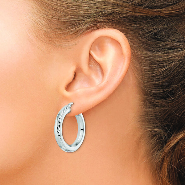 Sterling Silver Rhodium-plated 5x30mm D/C Octagon Tube Hoop Earrings - Image 3
