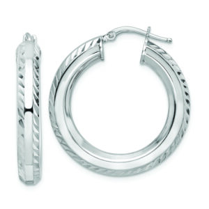 Sterling Silver Rhodium-plated 5x30mm D/C Octagon Tube Hoop Earrings