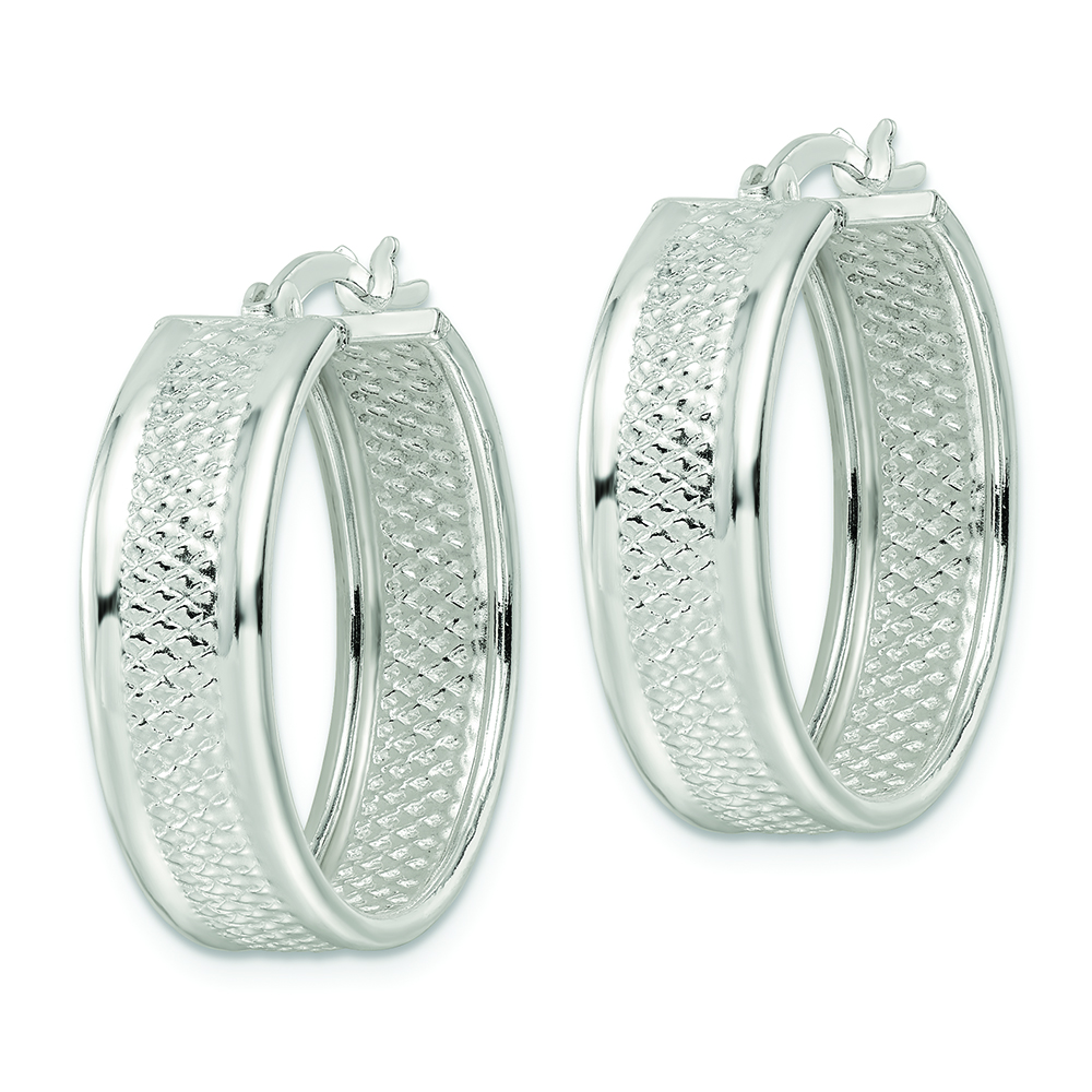 Sterling Silver Polished Textured 7.5x25mm Hoop Earrings - Image 2
