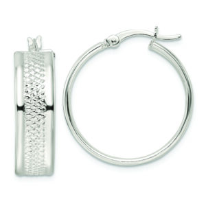 Sterling Silver Polished Textured 7.5x25mm Hoop Earrings