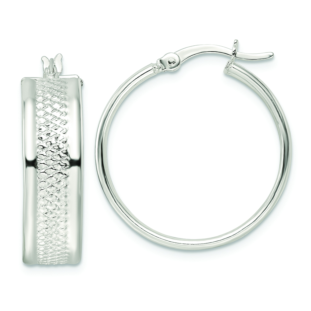 Sterling Silver Polished Textured 7.5x25mm Hoop Earrings