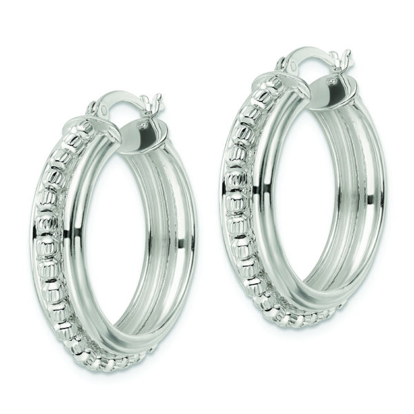 Sterling Silver Polished and DIamond-cut Beaded Hoop Earrings - Image 2