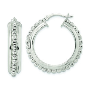 Sterling Silver Polished and DIamond-cut Beaded Hoop Earrings