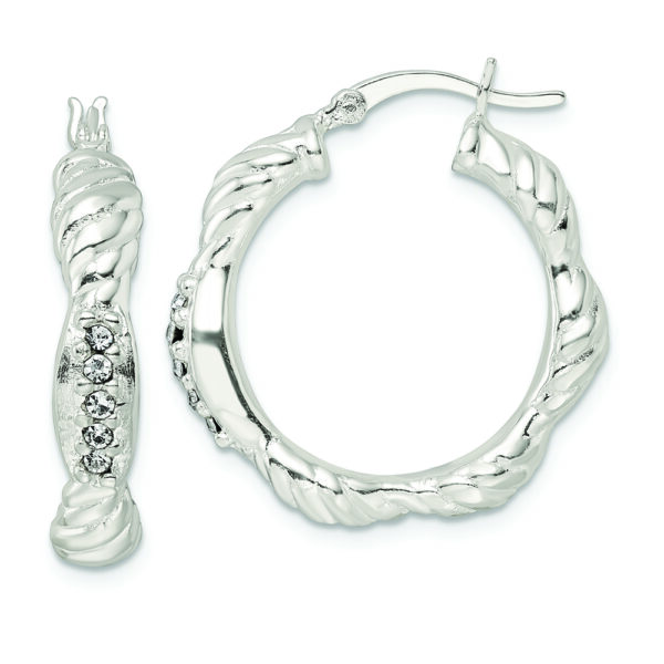 Sterling Silver CZ Twisted Scalloped Hoop Earrings