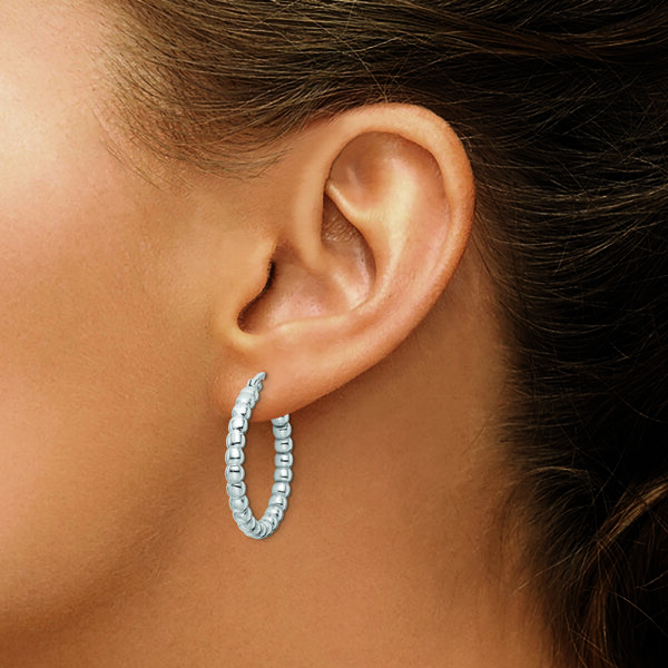Sterling Silver Rhodium-plated Polished 3mm Beaded Hoop Earrings - Image 3