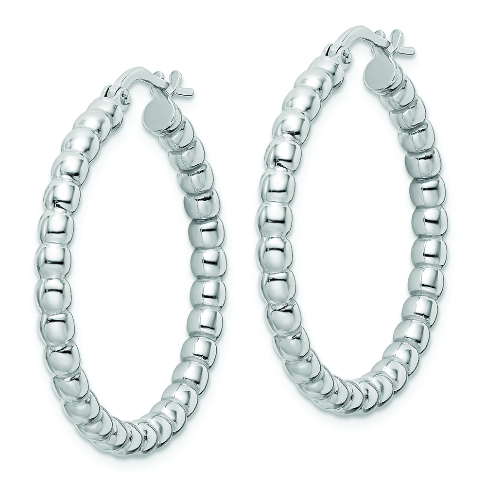 Sterling Silver Rhodium-plated Polished 3mm Beaded Hoop Earrings - Image 2