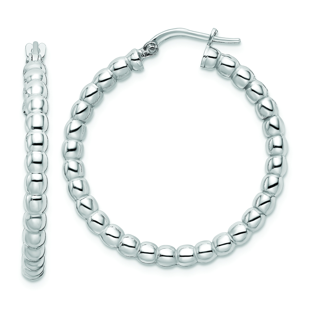Sterling Silver Rhodium-plated Polished 3mm Beaded Hoop Earrings