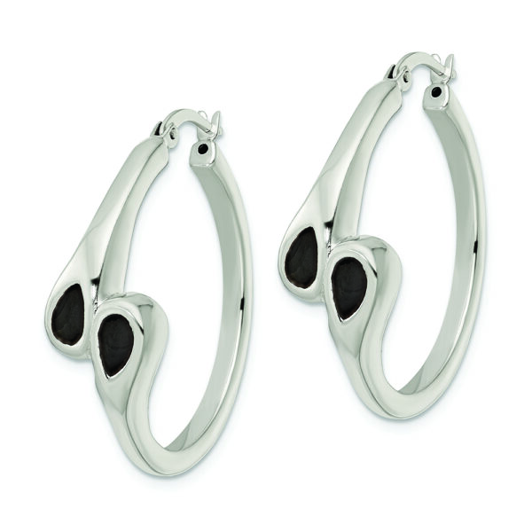 Sterling Silver Polished Black Enamel Hearts Circle Hoop Earrings - Image 2