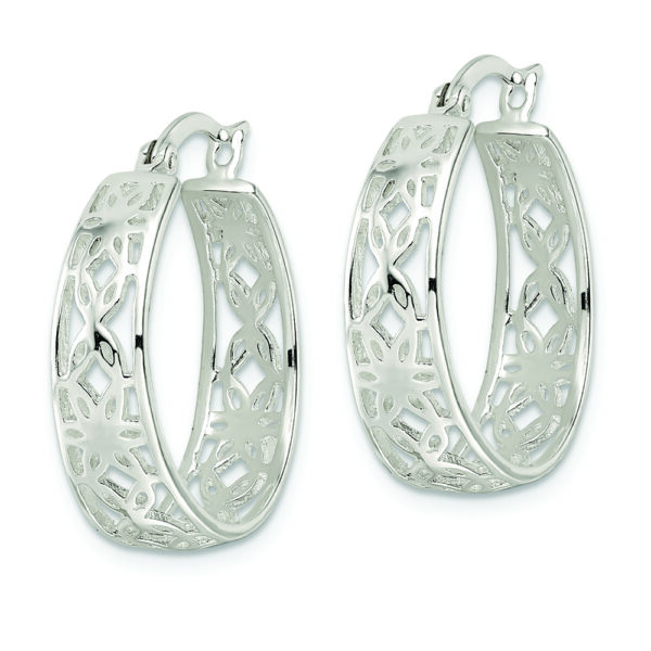 Sterling Silver Polished Cut-out Floral Round Hoop Earrings - Image 2