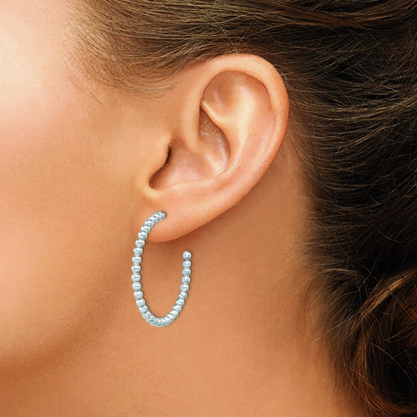 Sterling Silver Rhodium-plated Polished Beaded Hoop Post Earrings - Image 3