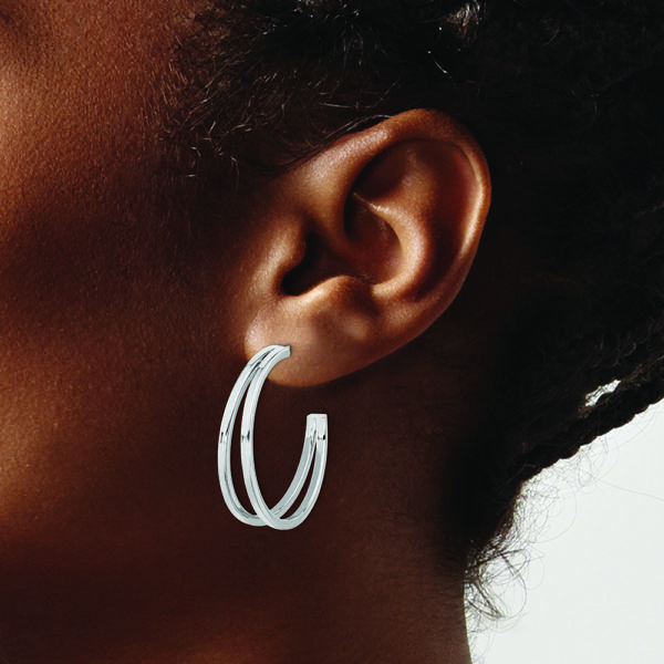 Sterling Silver Rhodium Plated Split Design Hoop Post Earrings - Image 3