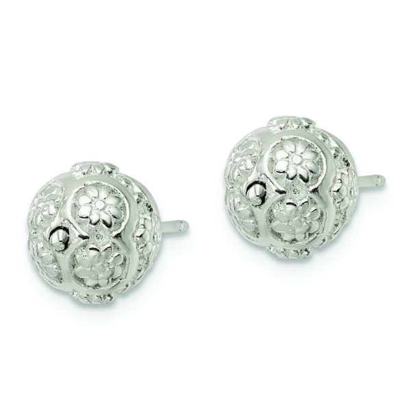 Sterling Silver Polished Floral Ball Post Earrings - Image 2