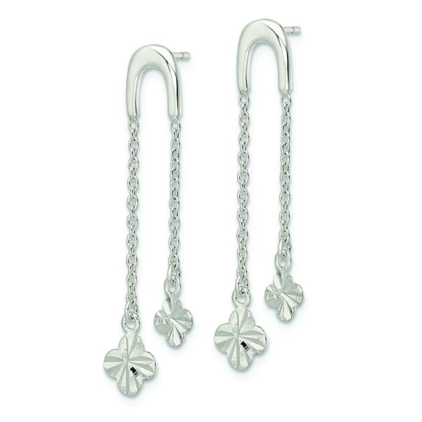 Sterling Silver Polished & D/C Clover Chain Dangle Post Earrings - Image 2