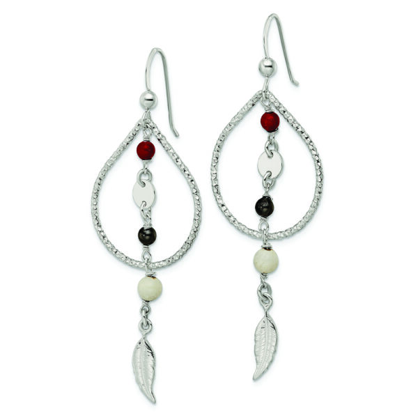 Sterling Silver Diamond-cut Red Black & Ivory Coral Feather Dangle Earrings - Image 2