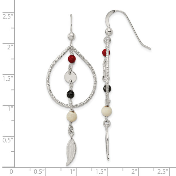 Sterling Silver Diamond-cut Red Black & Ivory Coral Feather Dangle Earrings - Image 3