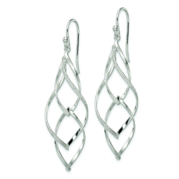 Sterling Silver Polished & Lasered Texture Twisted Dangle Hook Earrings - Image 2
