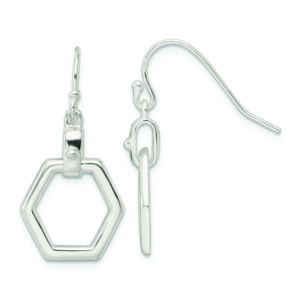 Sterling Silver Polished Hexagon Dangle Shepherd Hook Earrings