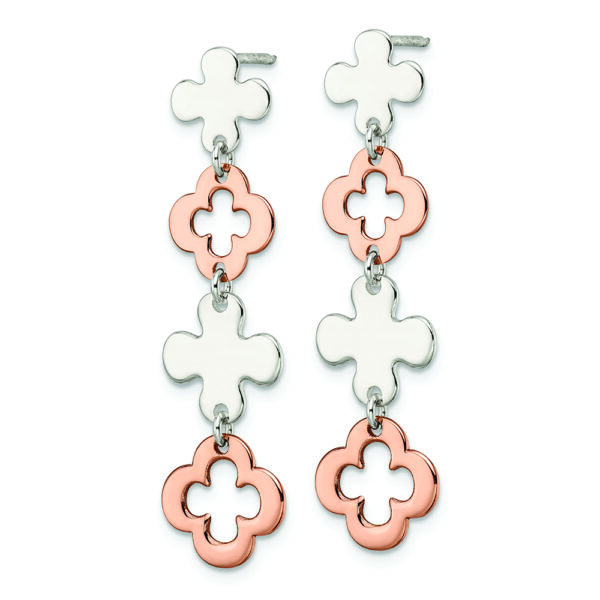 Sterling Silver Rose-tone Flower Dangle Post Earrings - Image 2