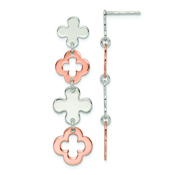 Sterling Silver Rose-tone Flower Dangle Post Earrings