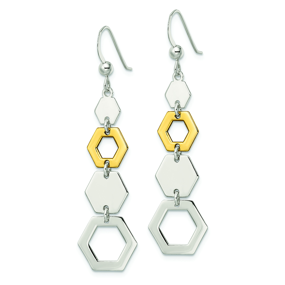 Sterling Silver & Gold-tone Polished Hexagon Dangle Earrings - Image 2