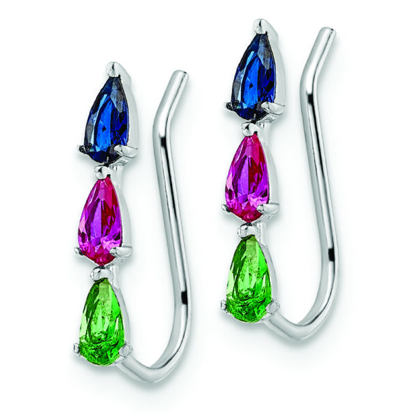Sterling Silver RH-plated Polished Multi-color Pear CZ Ear Climber Earrings - Image 2