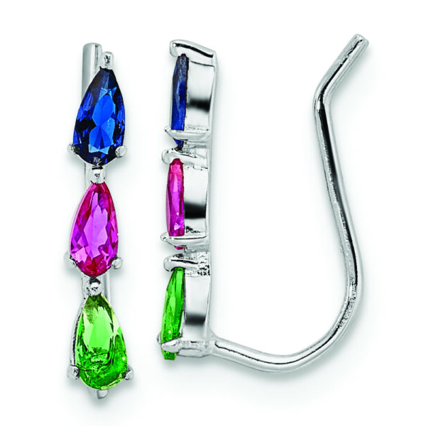 Sterling Silver RH-plated Polished Multi-color Pear CZ Ear Climber Earrings