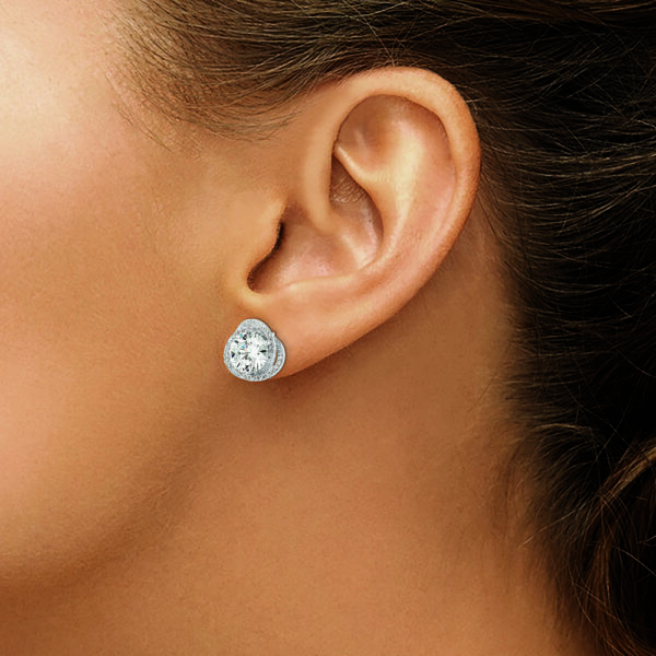 Sterling Silver Rhodium-plated Polished 12mm Round CZ Post Earrings - Image 3