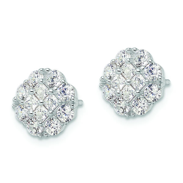 Sterling Silver Rhodium-plated Polished CZ Cluster Flower Post Earrings - Image 2