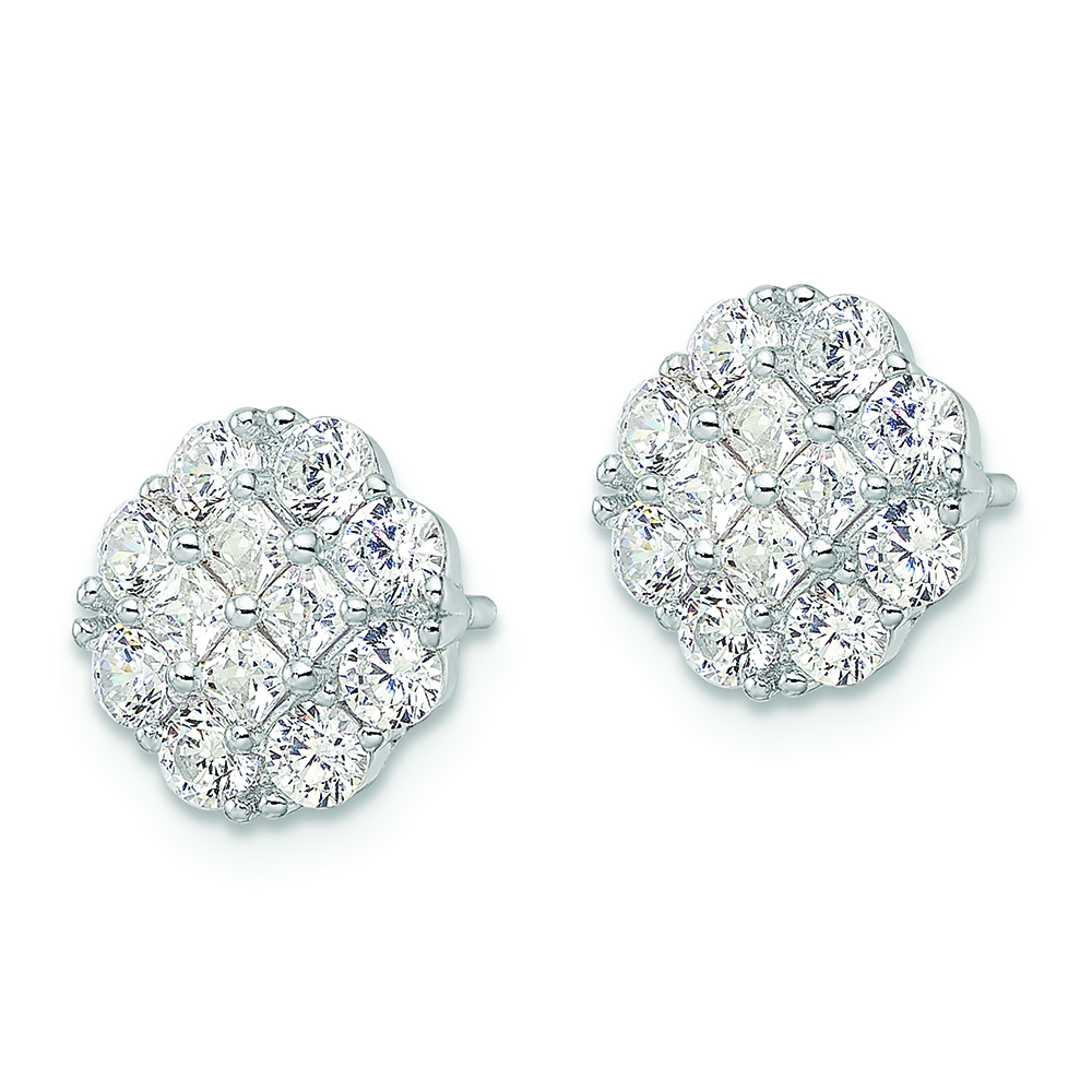 Sterling Silver Rhodium-plated Polished CZ Cluster Flower Post Earrings - Image 2