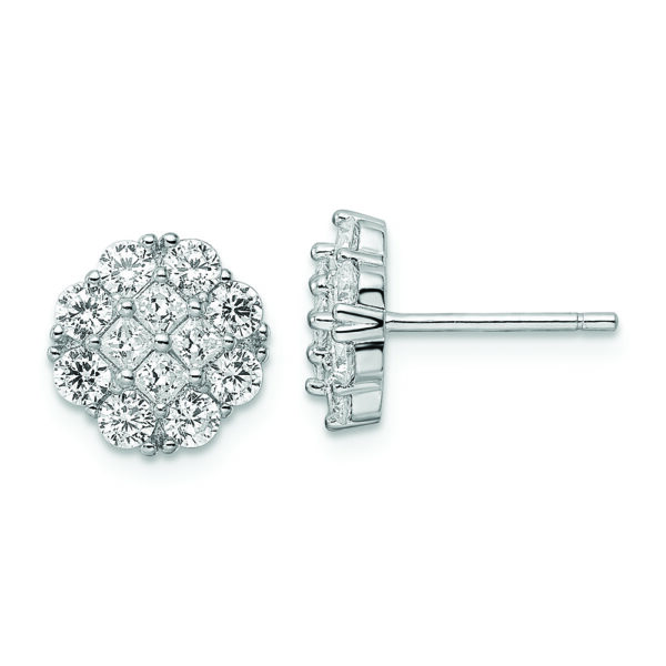Sterling Silver Rhodium-plated Polished CZ Cluster Flower Post Earrings