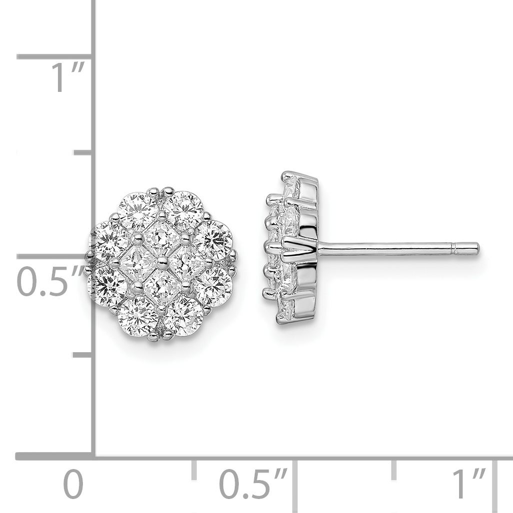 Sterling Silver Rhodium-plated Polished CZ Cluster Flower Post Earrings - Image 3