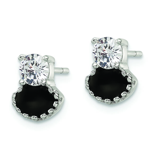Sterling Silver Polished Black Enamel & CZ Post Earrings - Image 2