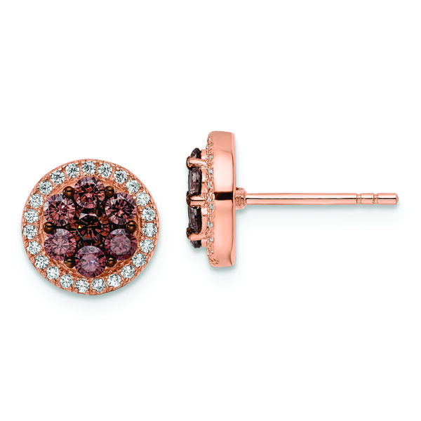 Sterling Silver Rose-tone w/ Black Rhodium Brown & White CZ Post Earrings