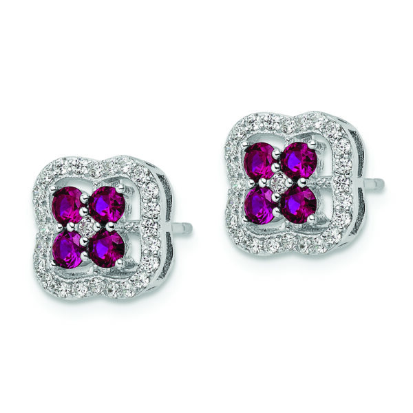 Sterling Silver Rhodium-plated Created Ruby and CZ Clover Post Earrings - Image 2