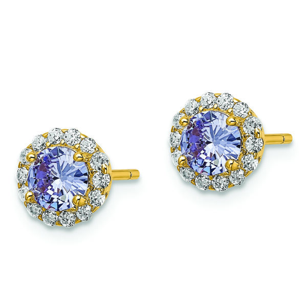 Sterling Silver Gold-tone Polished Purple & White CZ Halo Post Earrings - Image 2
